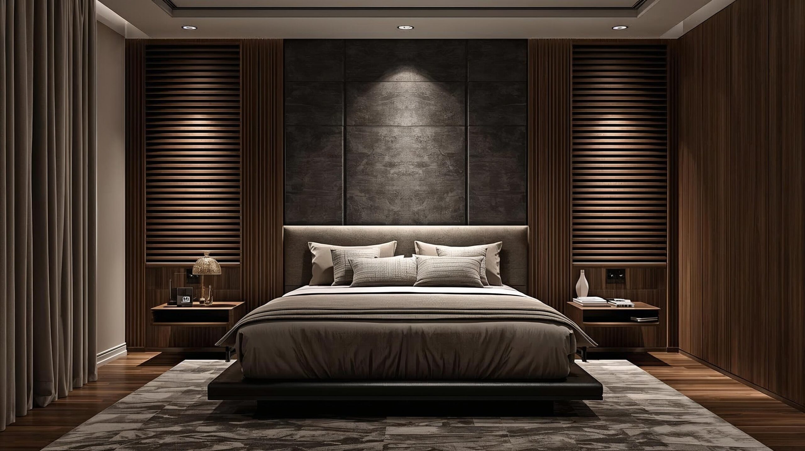 Home luxury bedroom interior featuring a feature wall made of dark wood wpc louv 20260215 222101 0000